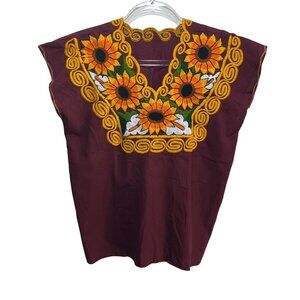 Embroidered Mexican Sleeveless Shirt Blouse Womens M Floral Burgundy Sunflowers